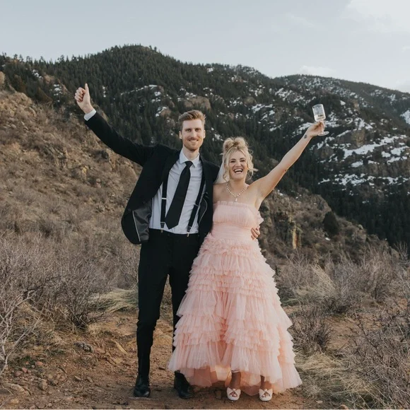 Mac Duggal Tiered Strapless Tulle A-Line High-Low Gown - Picture 1 of 6